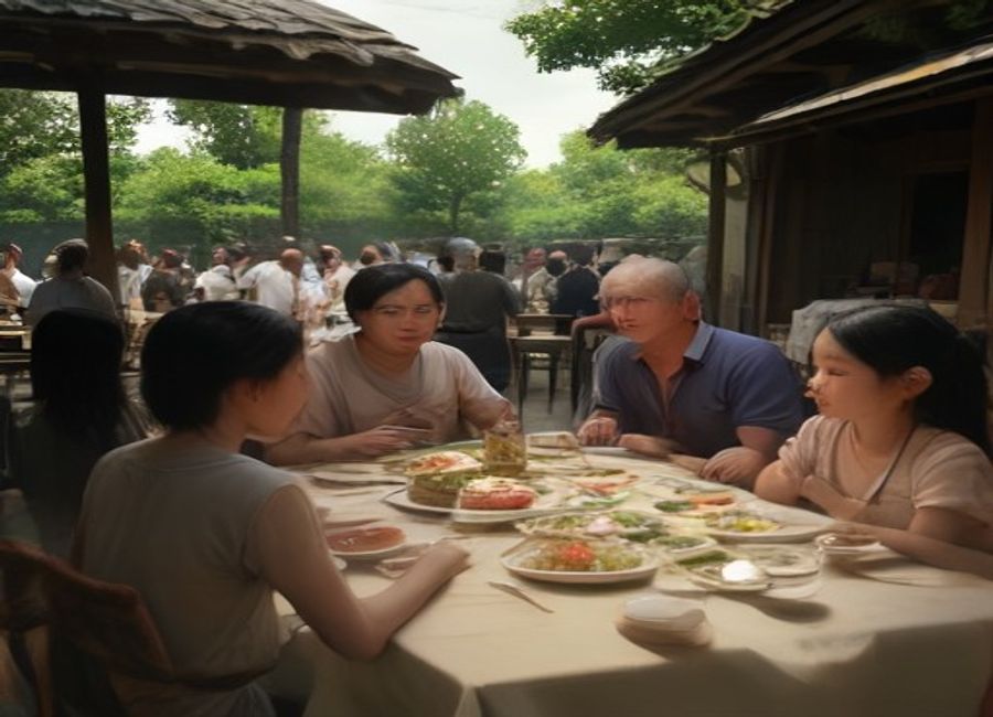 AI-generated image of community members sharing a meal together